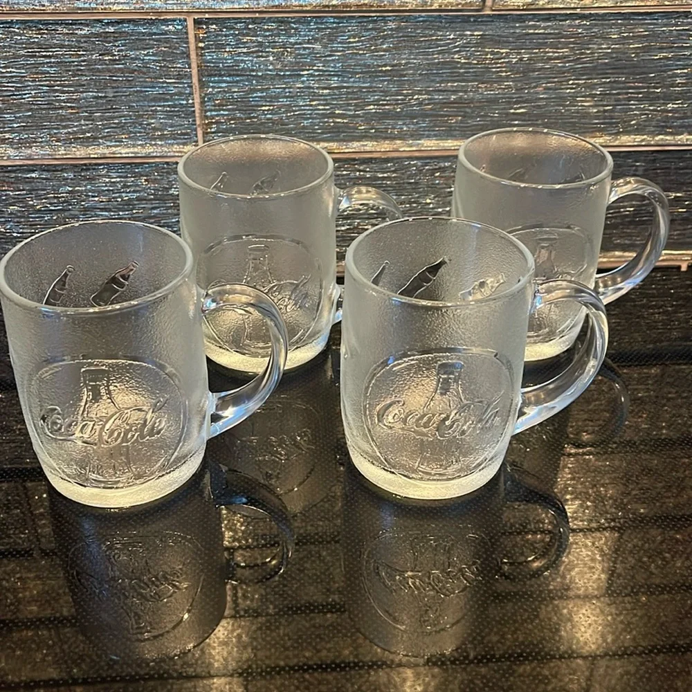 4 Set CocaCola Mugs Coffee Cups Clear Frosted Logo Icon Glasses Coke Bottle Cool